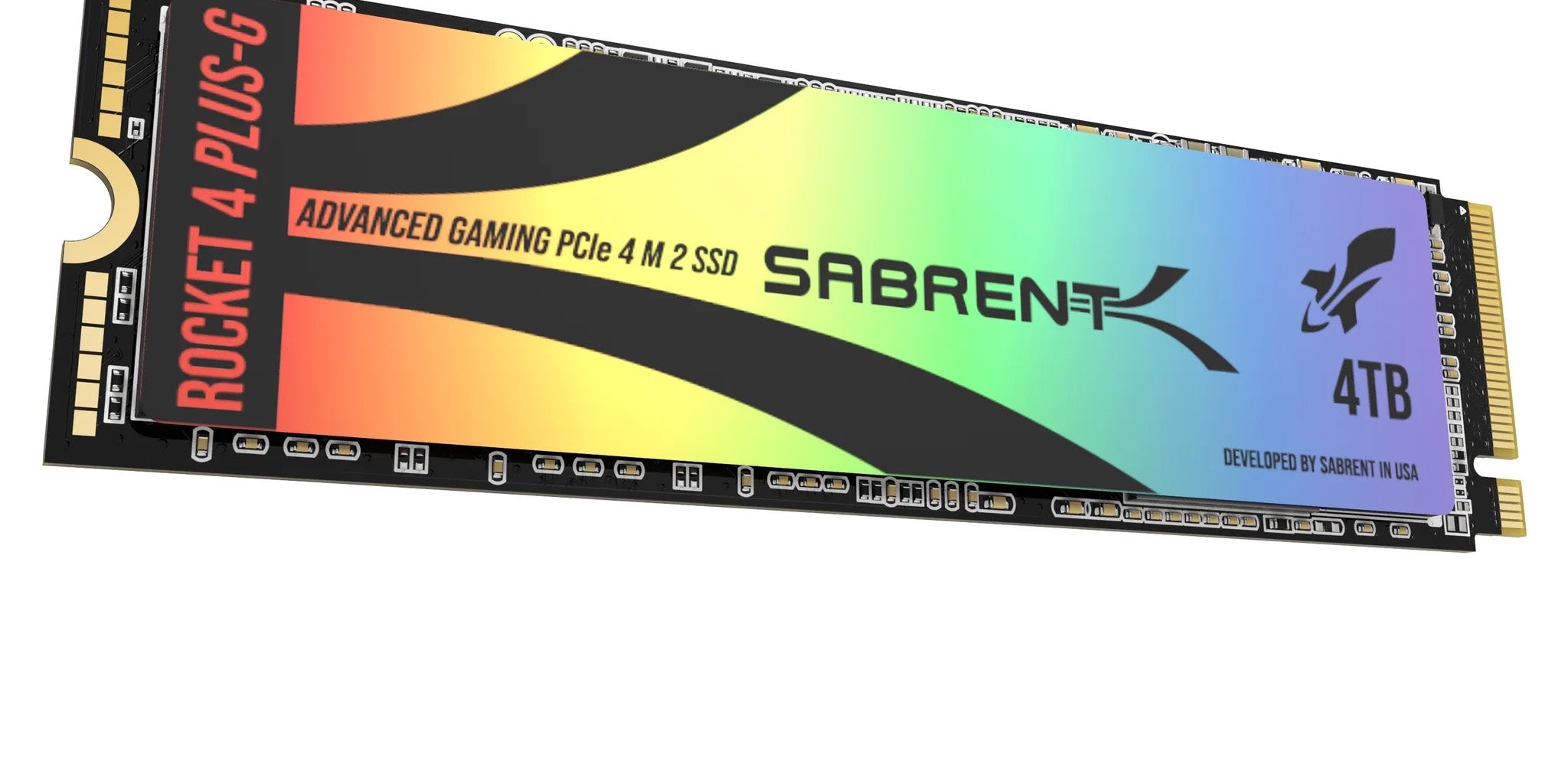 Vue officielle recadrée du SSD Sabrent Rocket 4 Plus-G PCIe 4.0 utilisé dans le benchmark.