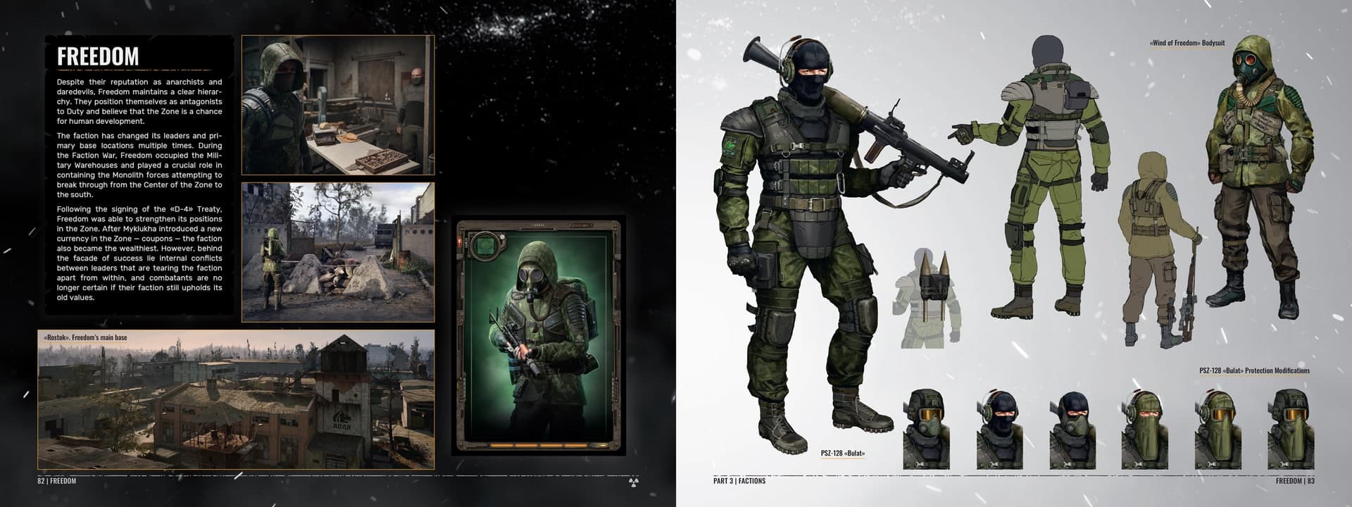 Double page officielle consacrée à la faction Liberté, avec ses tenues, ses membres et la base de Rostok.