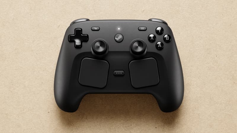 Vue officielle de face du Steam Controller actuel avec ses sticks, boutons et deux trackpads.