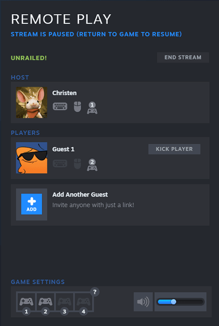 Interface officielle d’une session Steam Remote Play affichant l’hôte, les invités et les contrôleurs connectés.