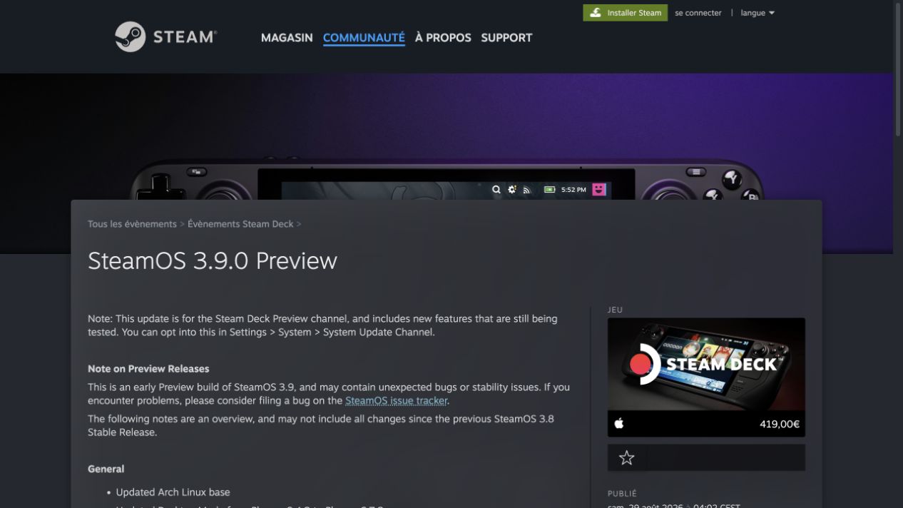 Page officielle de Valve présentant les notes de SteamOS 3.9.0 Preview sur Steam.