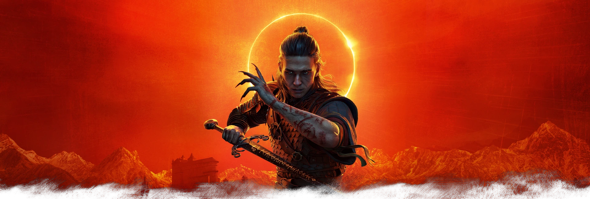 Coen brandit son épée devant une éclipse dans le visuel principal officiel de The Blood of Dawnwalker.