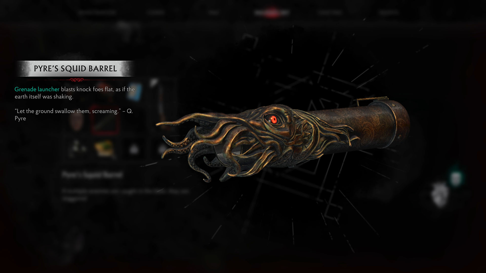 Écran d’amélioration d’arme de The Sinking City 2 présentant un canon de lance-grenades orné.
