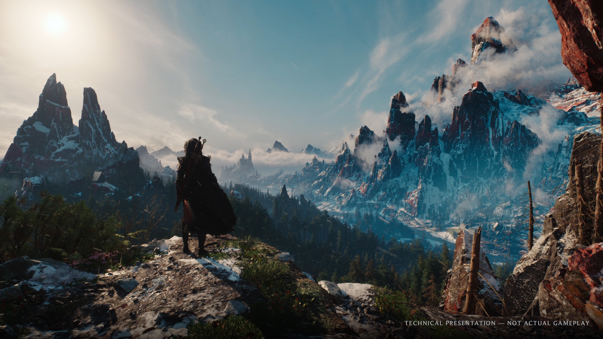 Ciri observe les montagnes de Kovir dans une capture officielle de la démonstration technique Unreal Engine 5 de The Witcher IV.