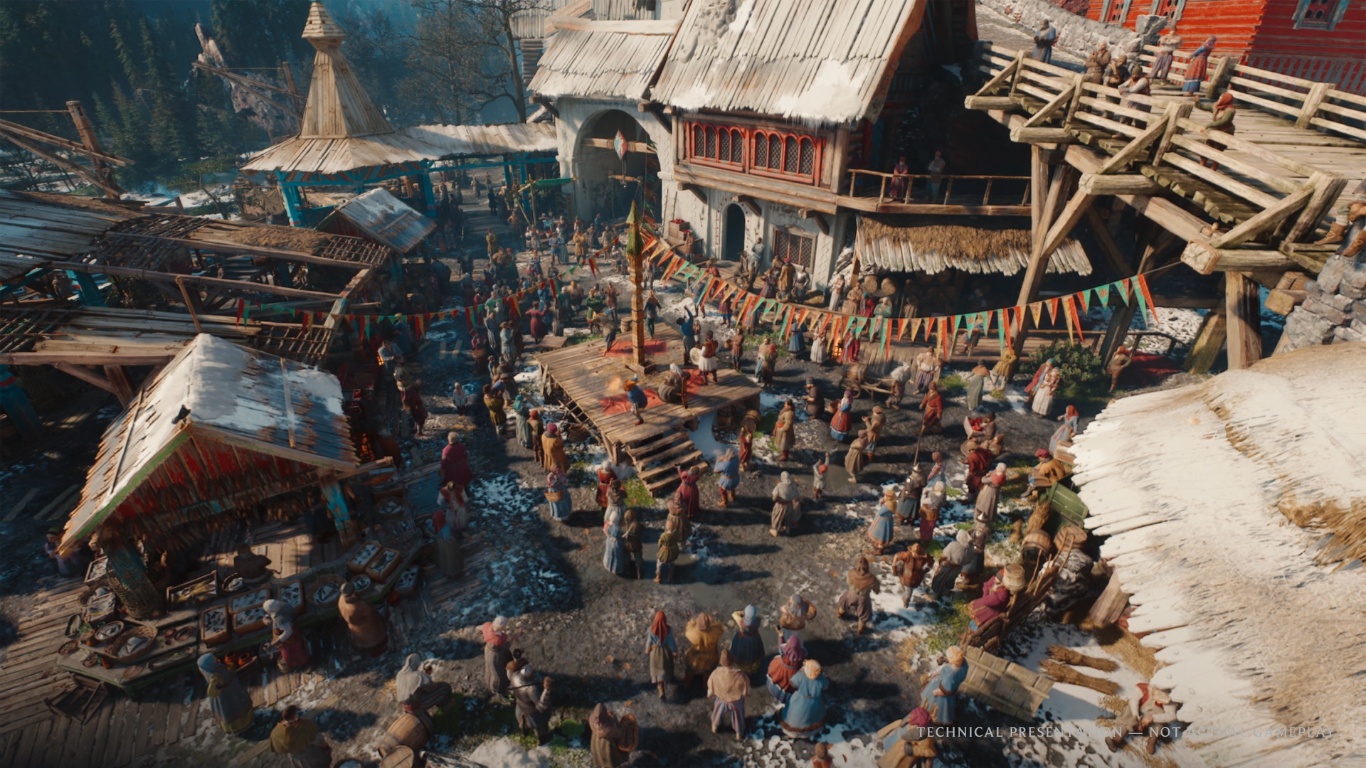 Marché animé de Valdrest dans une capture officielle de la démonstration technique UE5 de The Witcher IV.