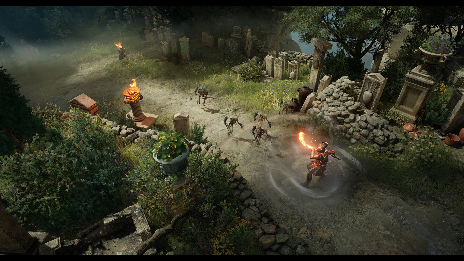 Capture officielle de Titan Quest II montrant un héros affrontant plusieurs squelettes dans un cimetière grec.