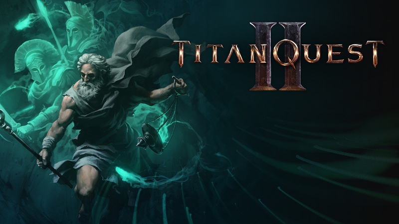 Visuel officiel de Titan Quest II montrant un héros entouré d’esprits verdâtres.