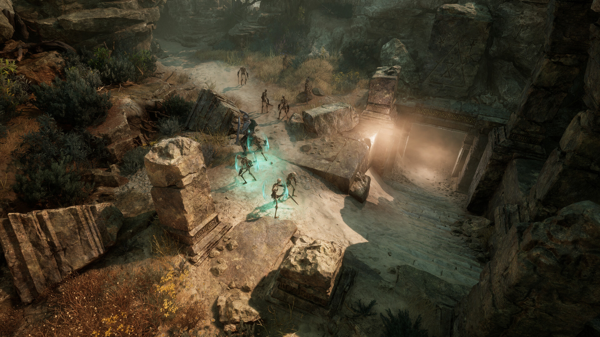 Capture officielle de Titan Quest II montrant un héros au milieu de guerriers squelettes baignés d’une lueur spectrale.