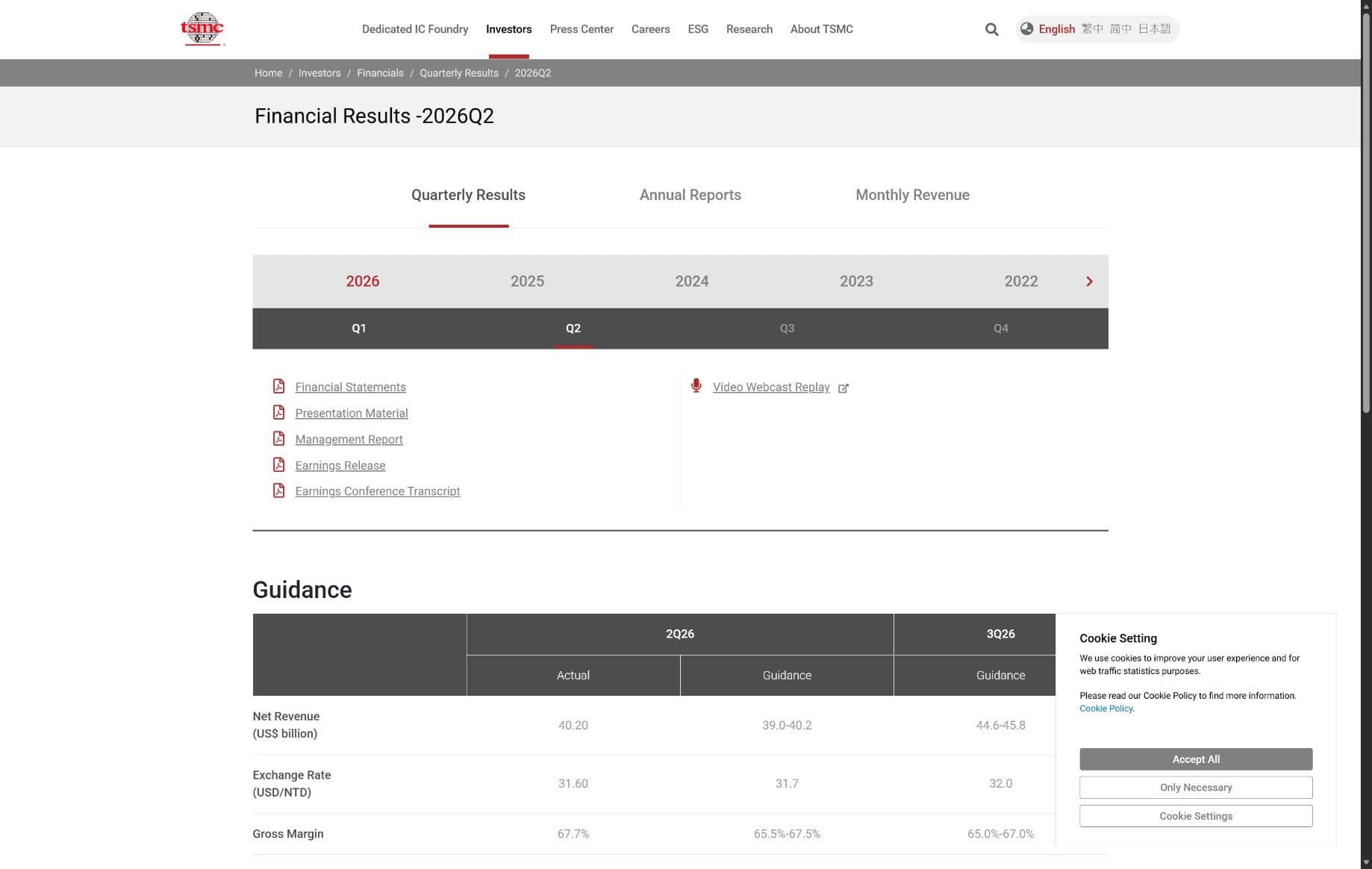 Page officielle des résultats TSMC du deuxième trimestre 2026 avec les documents et la guidance.