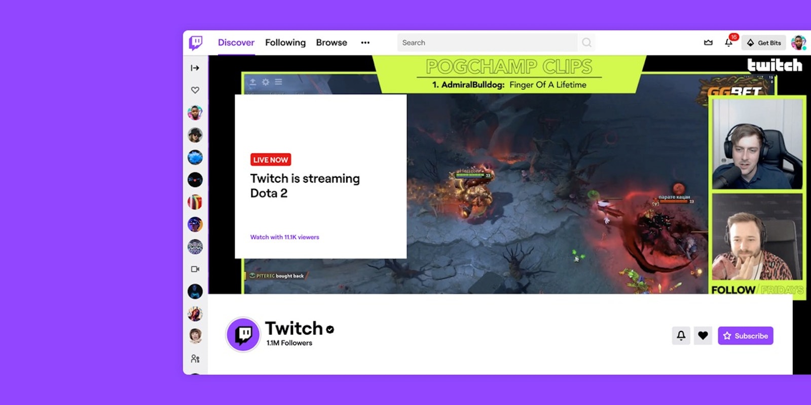 Capture officielle d’une page de chaîne Twitch diffusant une partie de Dota 2.