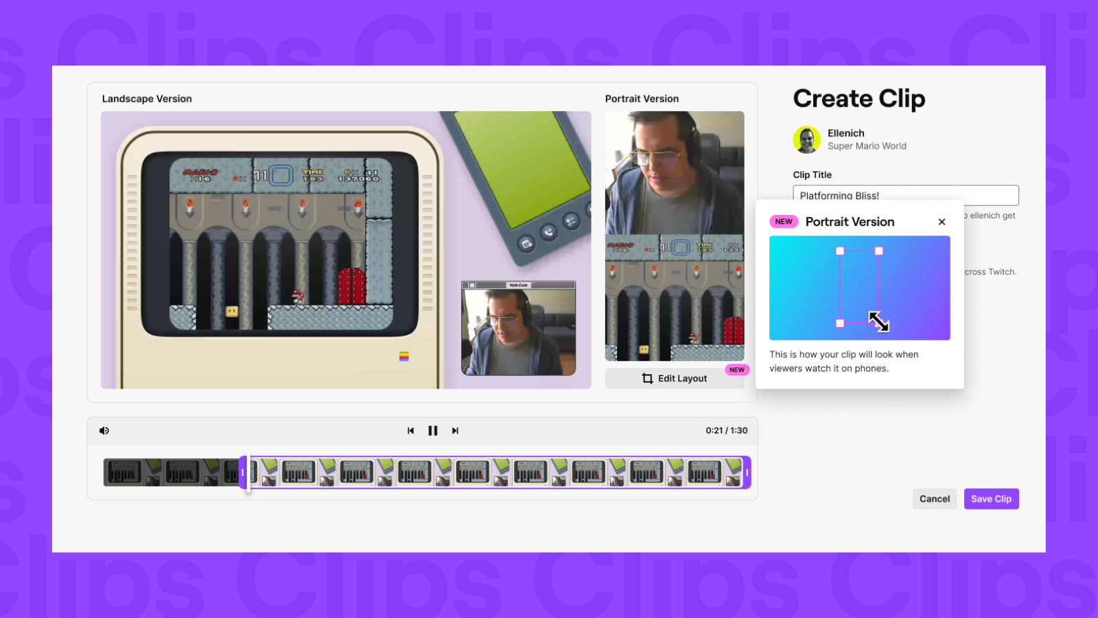 Capture officielle de l’éditeur de clips Twitch avec versions paysage et portrait d’une vidéo.