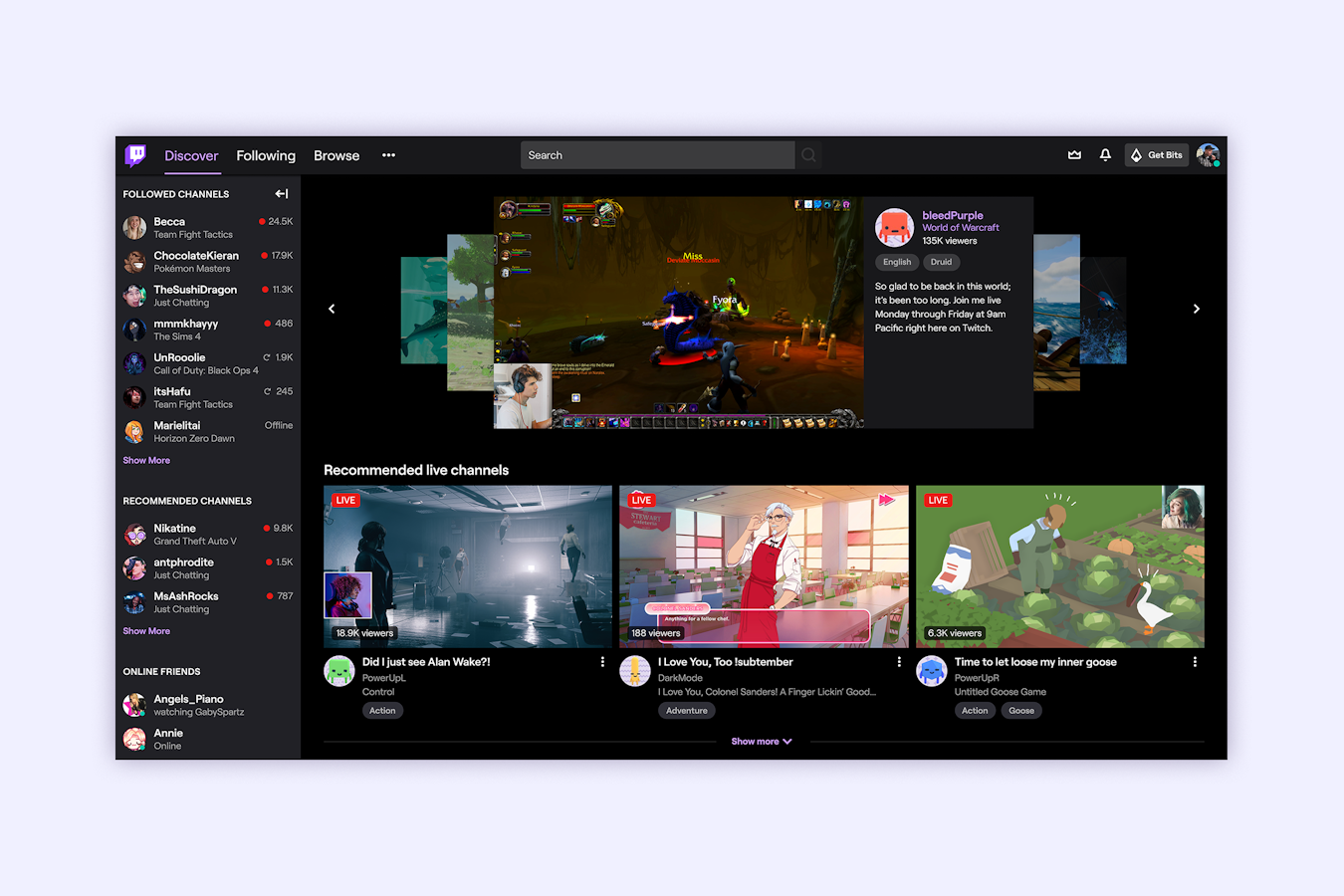 Capture officielle de l’interface Twitch avec plusieurs chaînes en direct, une liste de suivis et un aperçu de profil.