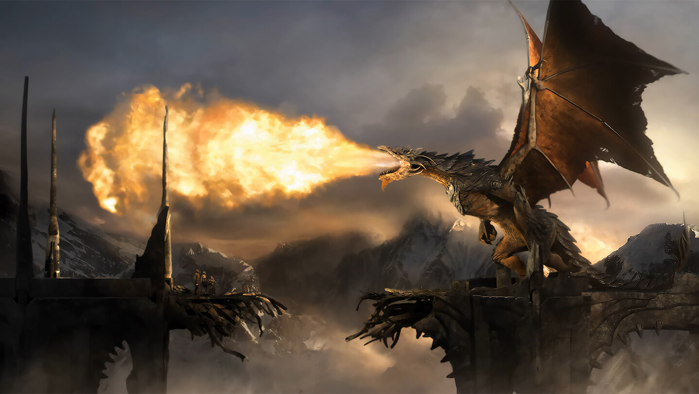 Visuel officiel de War in the North Legacy Edition montrant un coursier ailé crachant du feu au-dessus de ruines.
