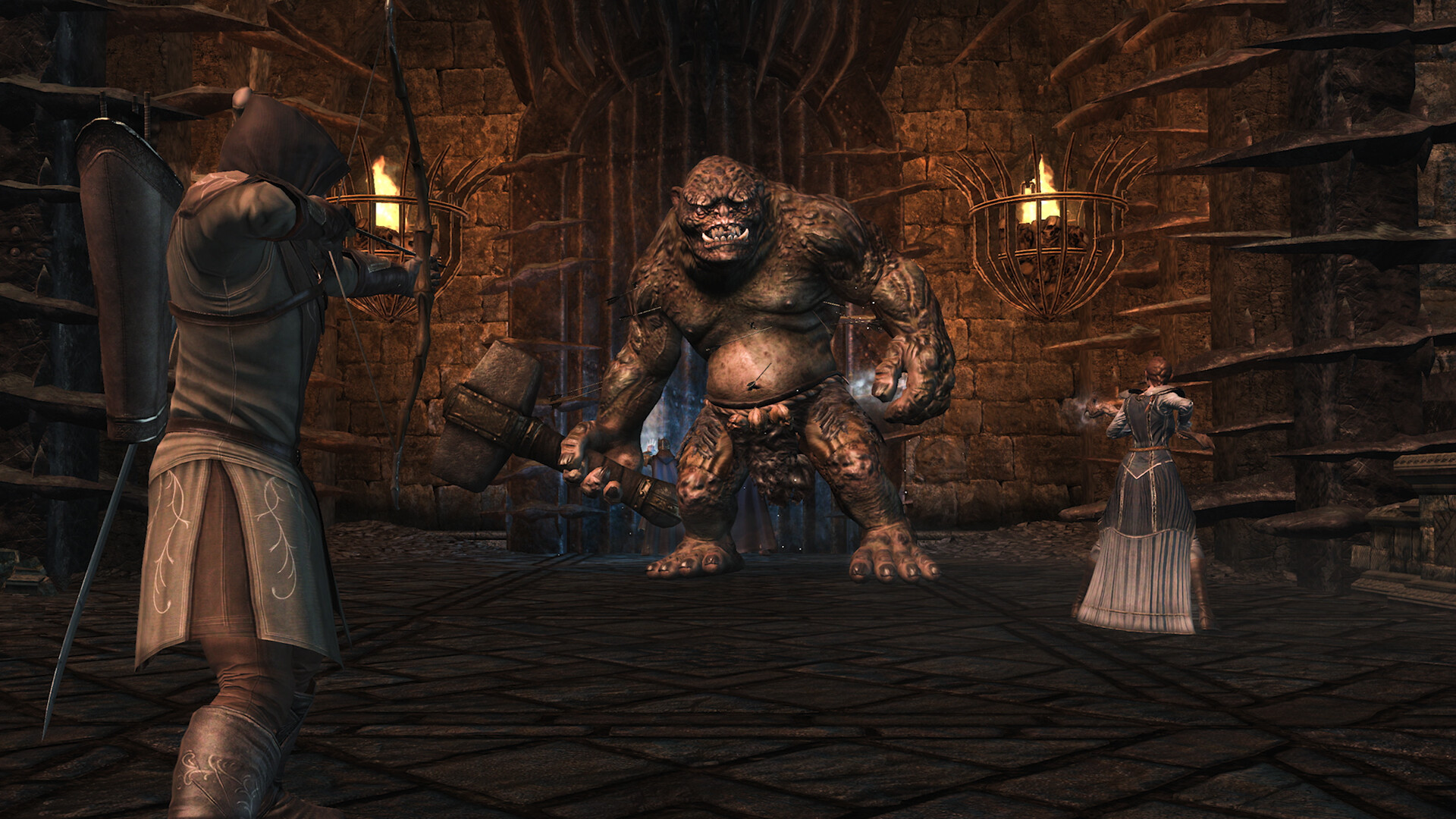 Capture officielle de War in the North Legacy Edition montrant les trois héros affrontant un troll en coopération.