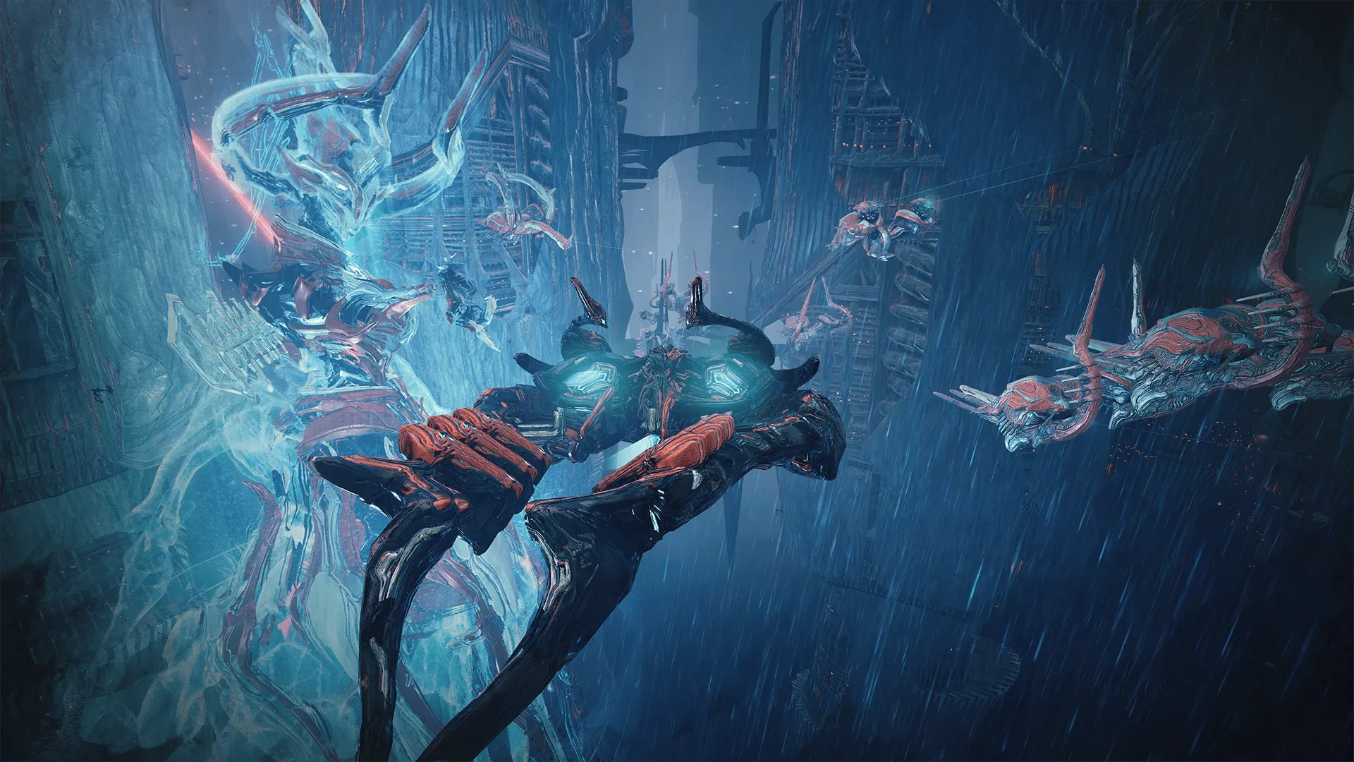 Capture officielle de Warframe: Tau montrant une scène d’action dans la cité annulaire de Fornax.