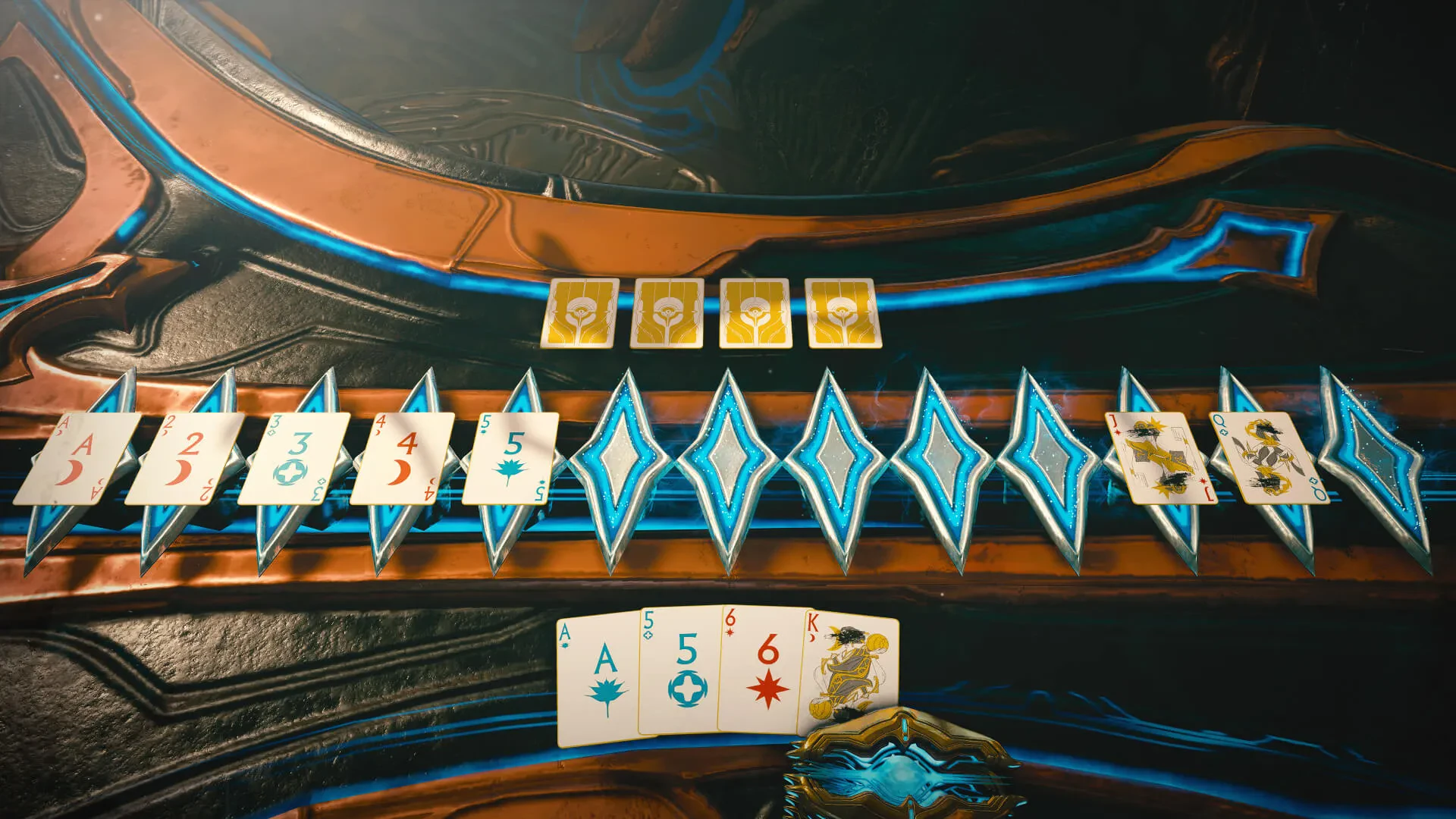 Capture officielle d’une table du jeu de cartes Portau dans Warframe: Tau.