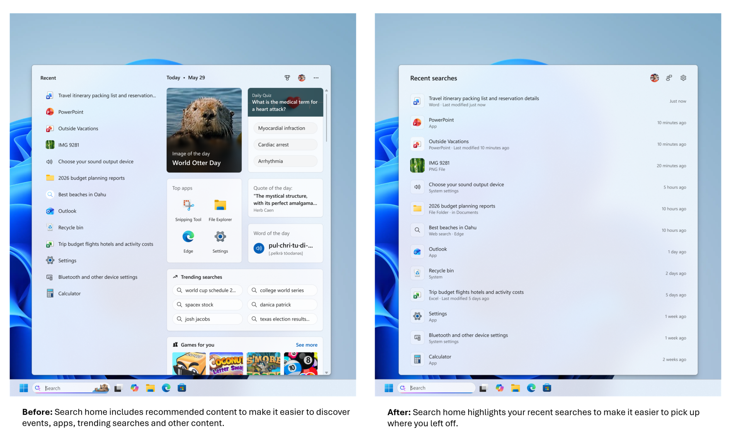 Comparaison officielle Microsoft entre l’accueil actuel de Windows Search et sa nouvelle présentation centrée sur les recherches récentes.