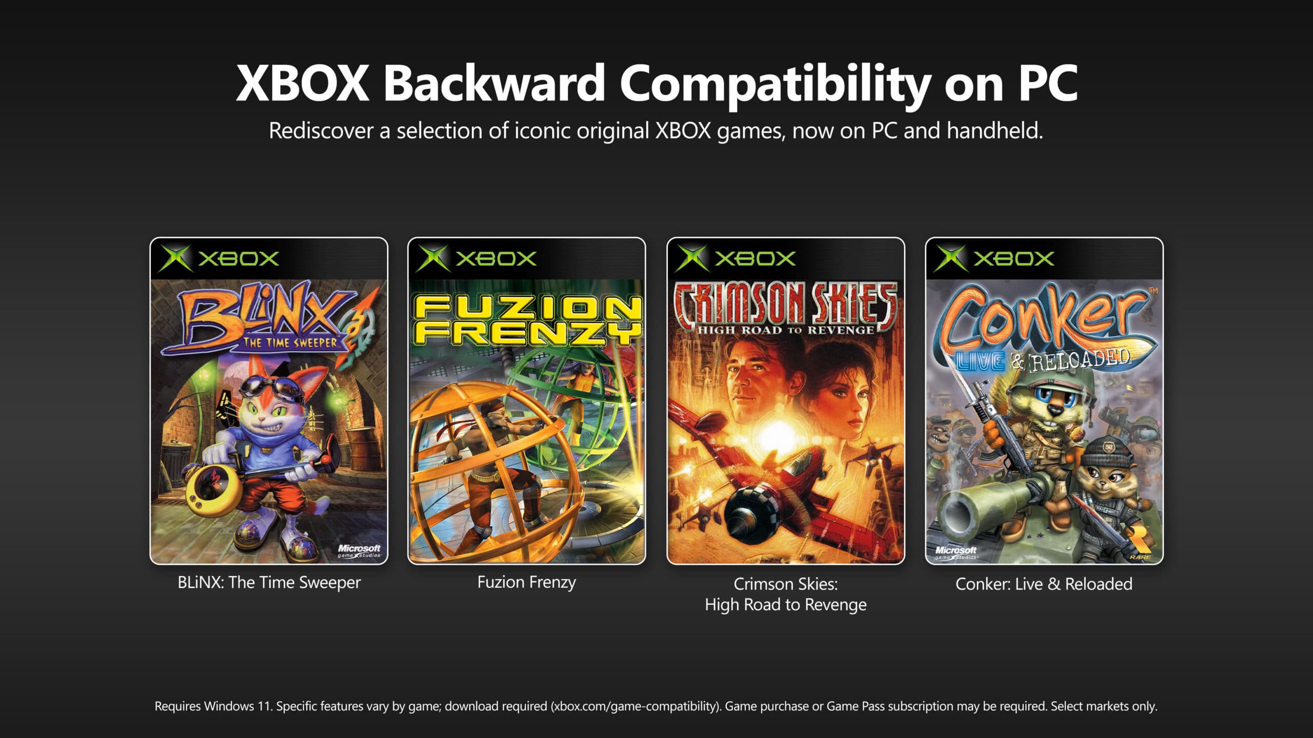 Visuel officiel Xbox présentant Blinx, Fuzion Frenzy, Crimson Skies et Conker pour le lancement de la rétrocompatibilité sur PC.