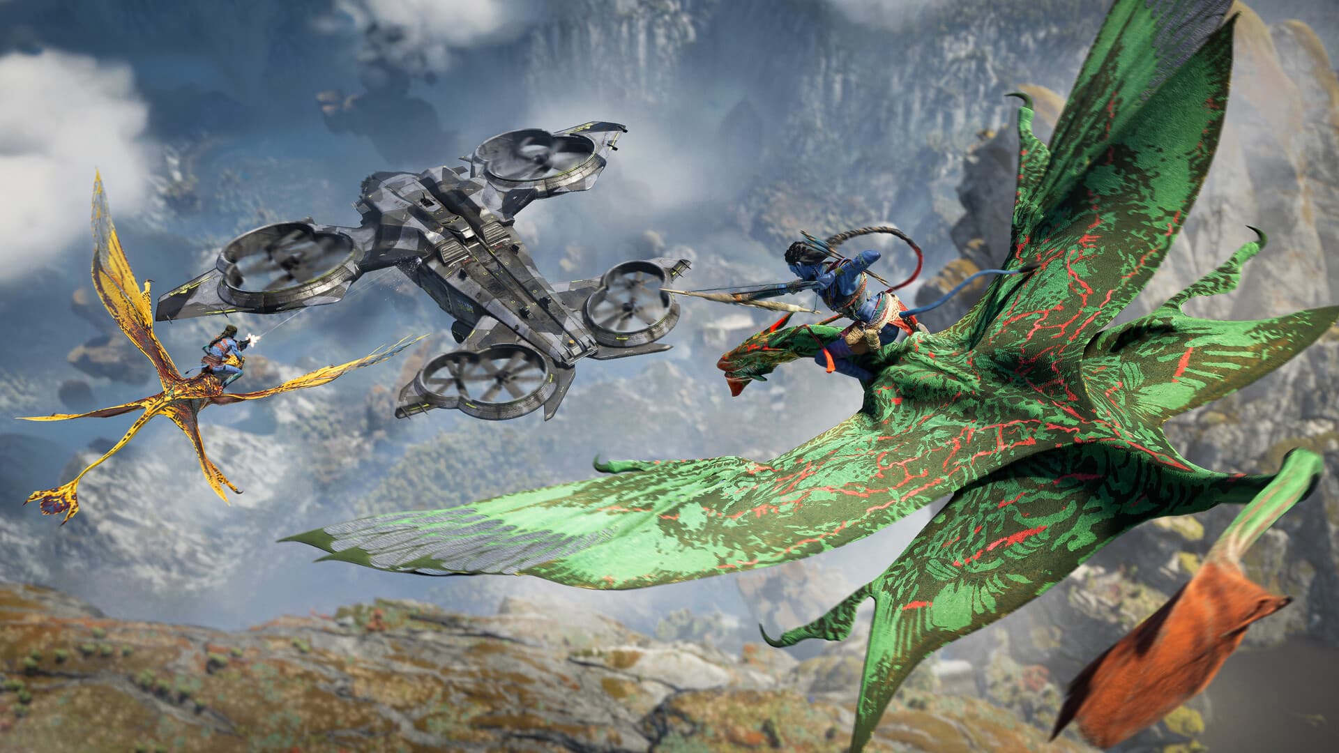 Capture officielle d’Avatar: Frontiers of Pandora montrant des Na’vi à dos d’ikran autour d’un aéronef.