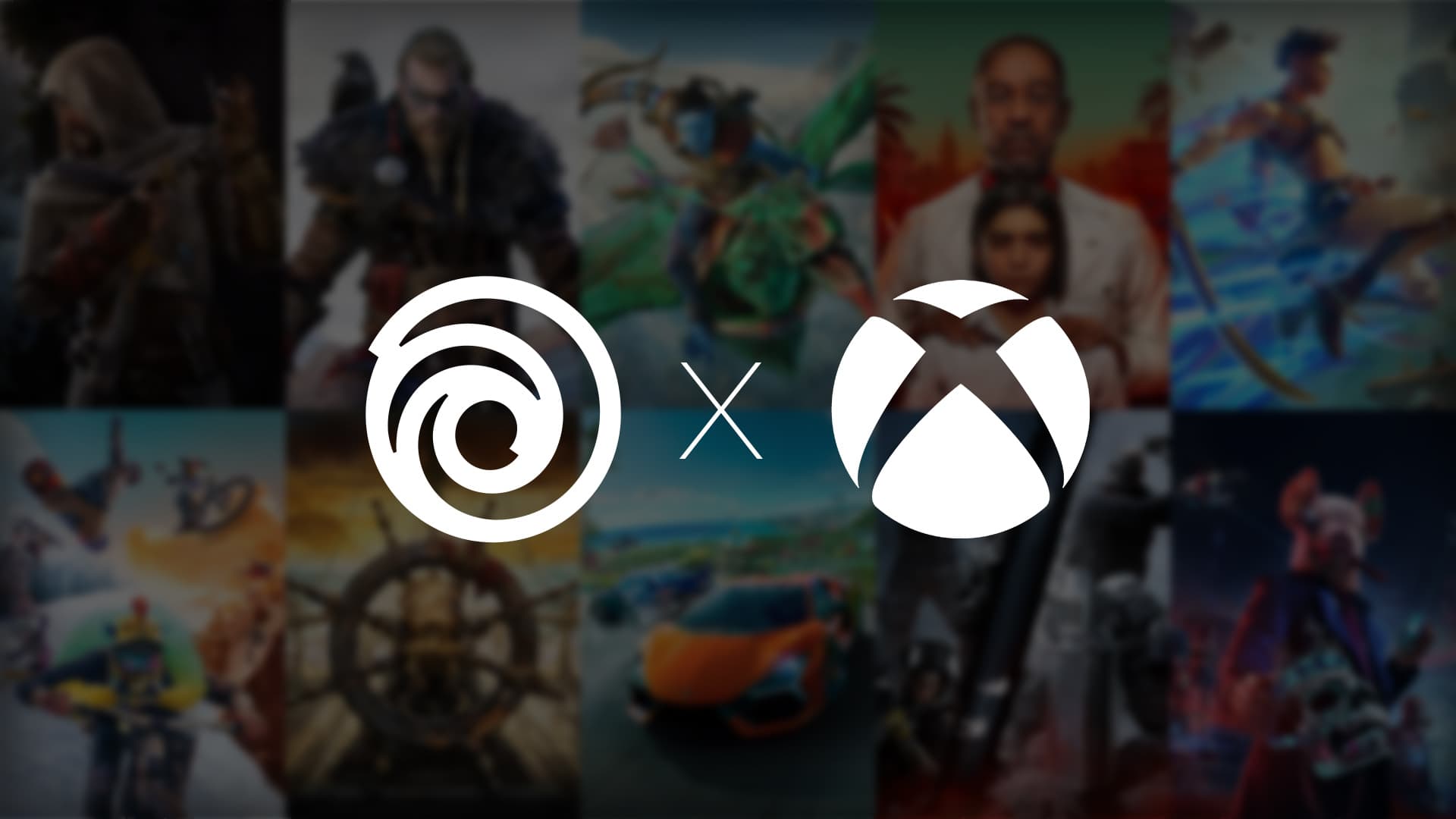 Logos officiels Ubisoft et Xbox au centre d’une mosaïque des jeux concernés par l’offre console vers PC.