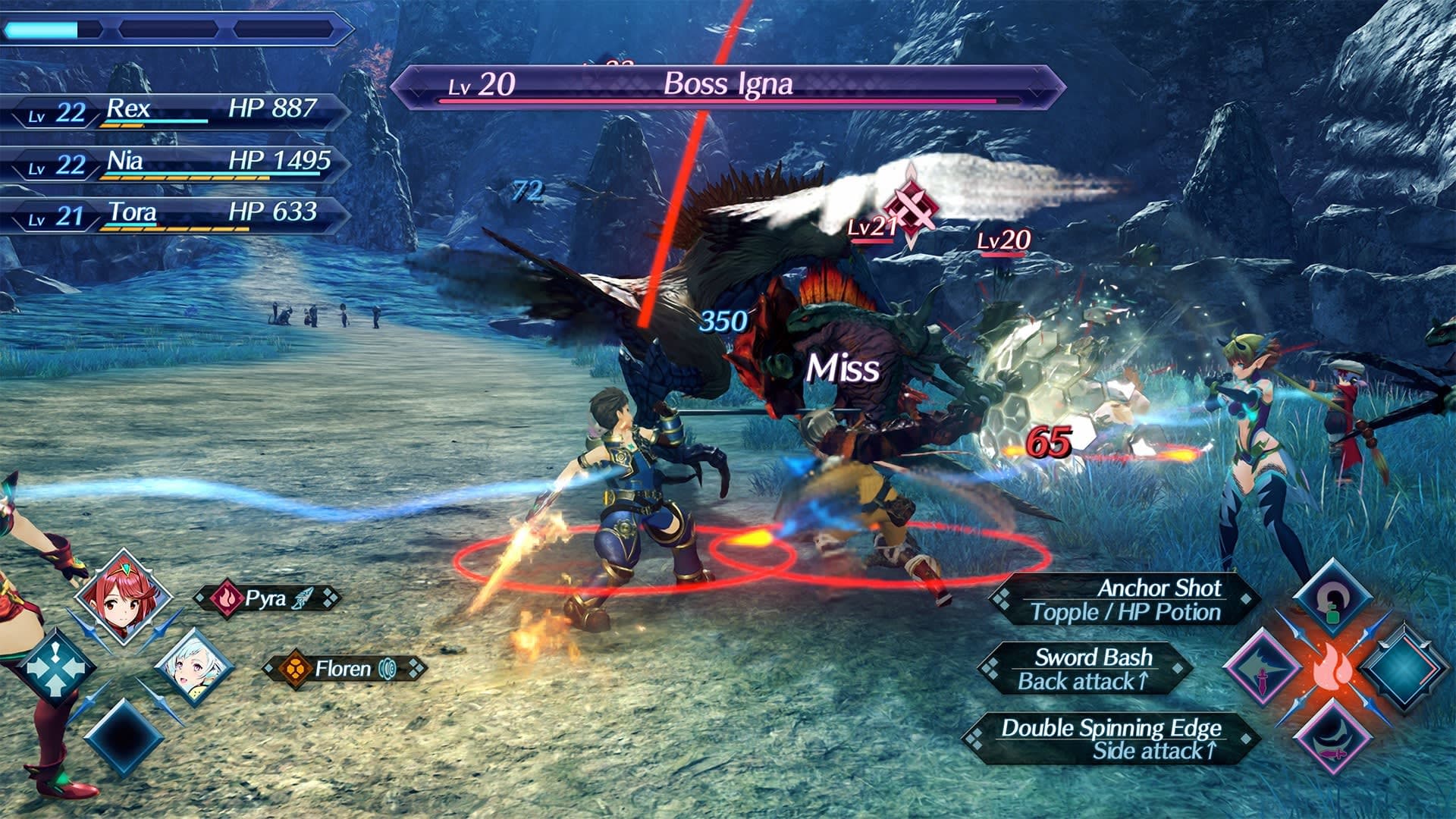 Capture officielle d’un combat de Xenoblade Chronicles 2 sur Nintendo Switch 2 avec l’interface complète affichée.