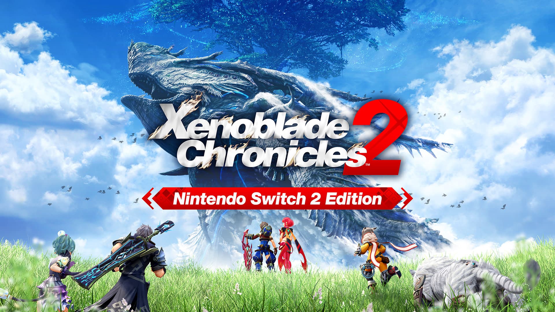 Visuel officiel de Xenoblade Chronicles 2 Nintendo Switch 2 Edition avec Rex, Pyra et les Titans d’Alrest.