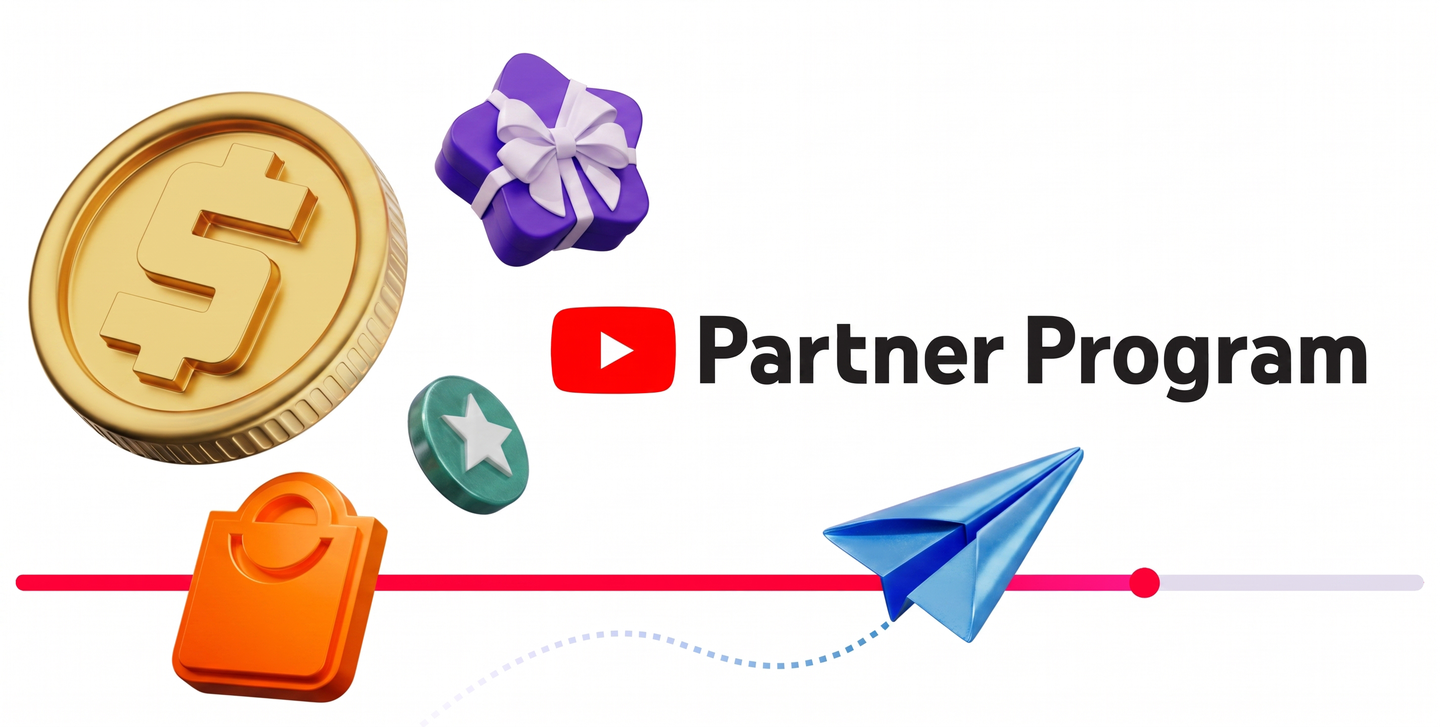Visuel officiel du YouTube Partner Program entouré de symboles de revenus et de création.