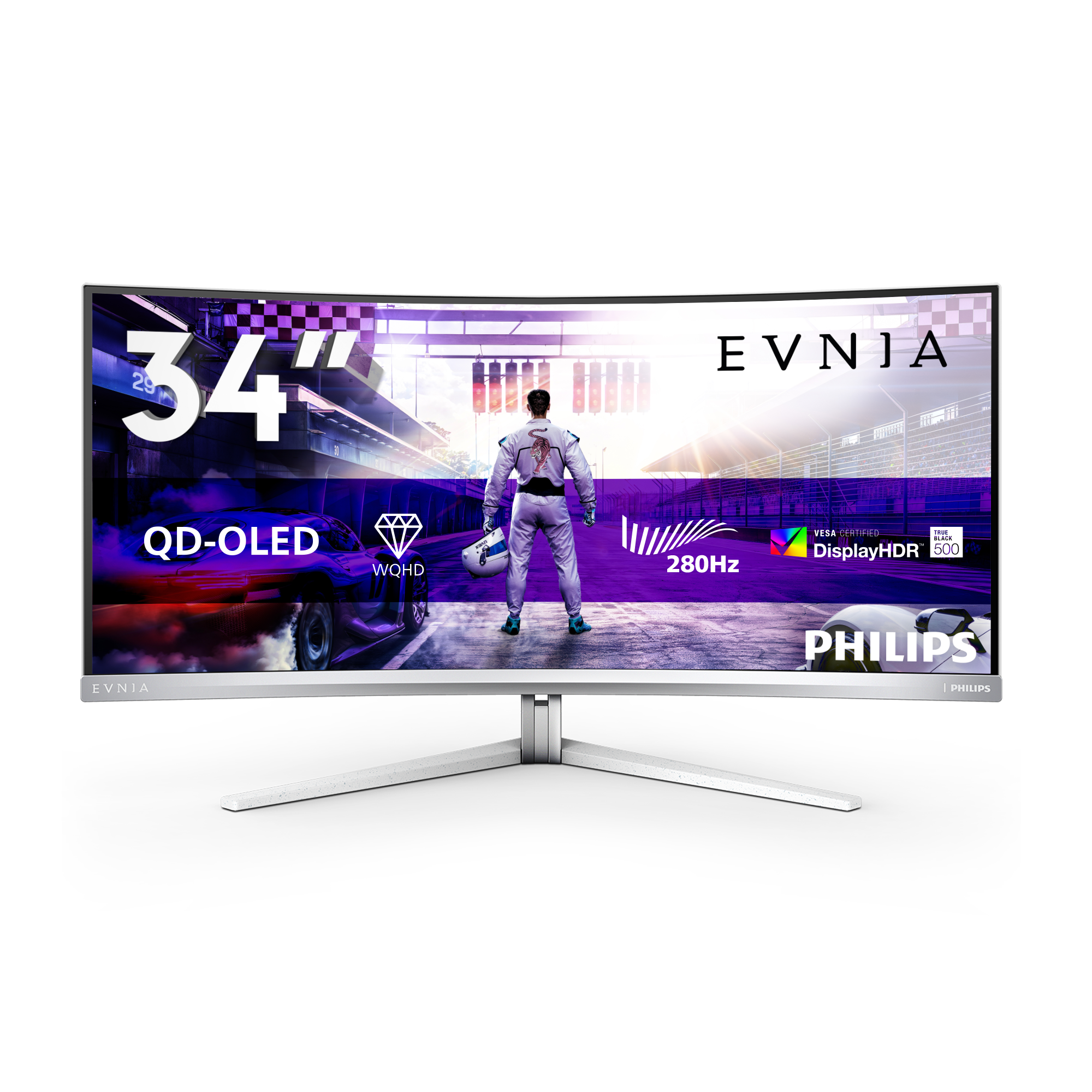 Écran Philips Evnia 34M2C8600P vu de face sur son pied blanc, avec ses caractéristiques commerciales affichées.