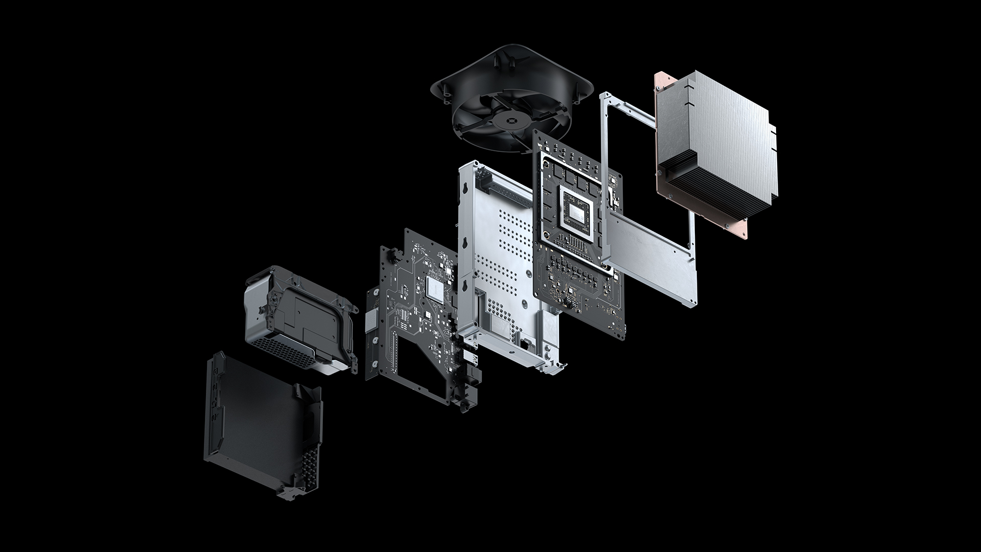 Vue éclatée des composants de la Xbox Series X. Microsoft — Used with permission from Microsoft.