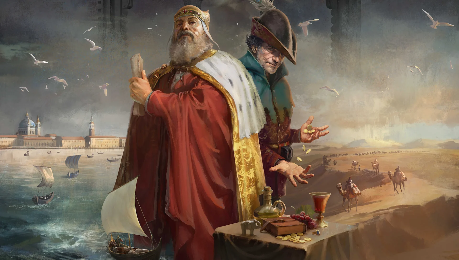 Illustration officielle de Silk & Silver, avec dignitaire, marchand, navires et caravane.