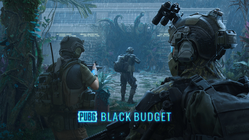 Trois opérateurs armés dans un complexe envahi par la végétation, avec le logo PUBG: Black Budget.
