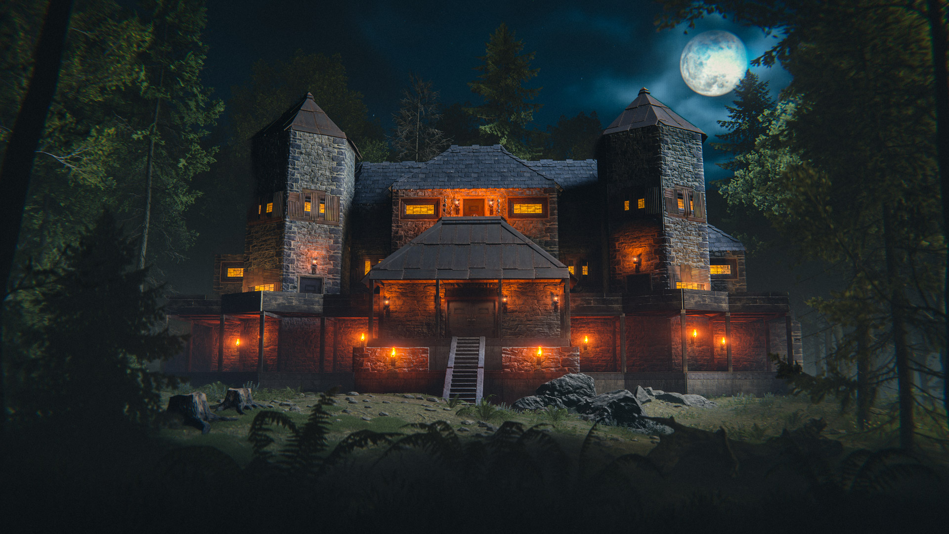 Manoir éclairé sous la pleine lune dans le visuel officiel Halloween 2026 de Rust.
