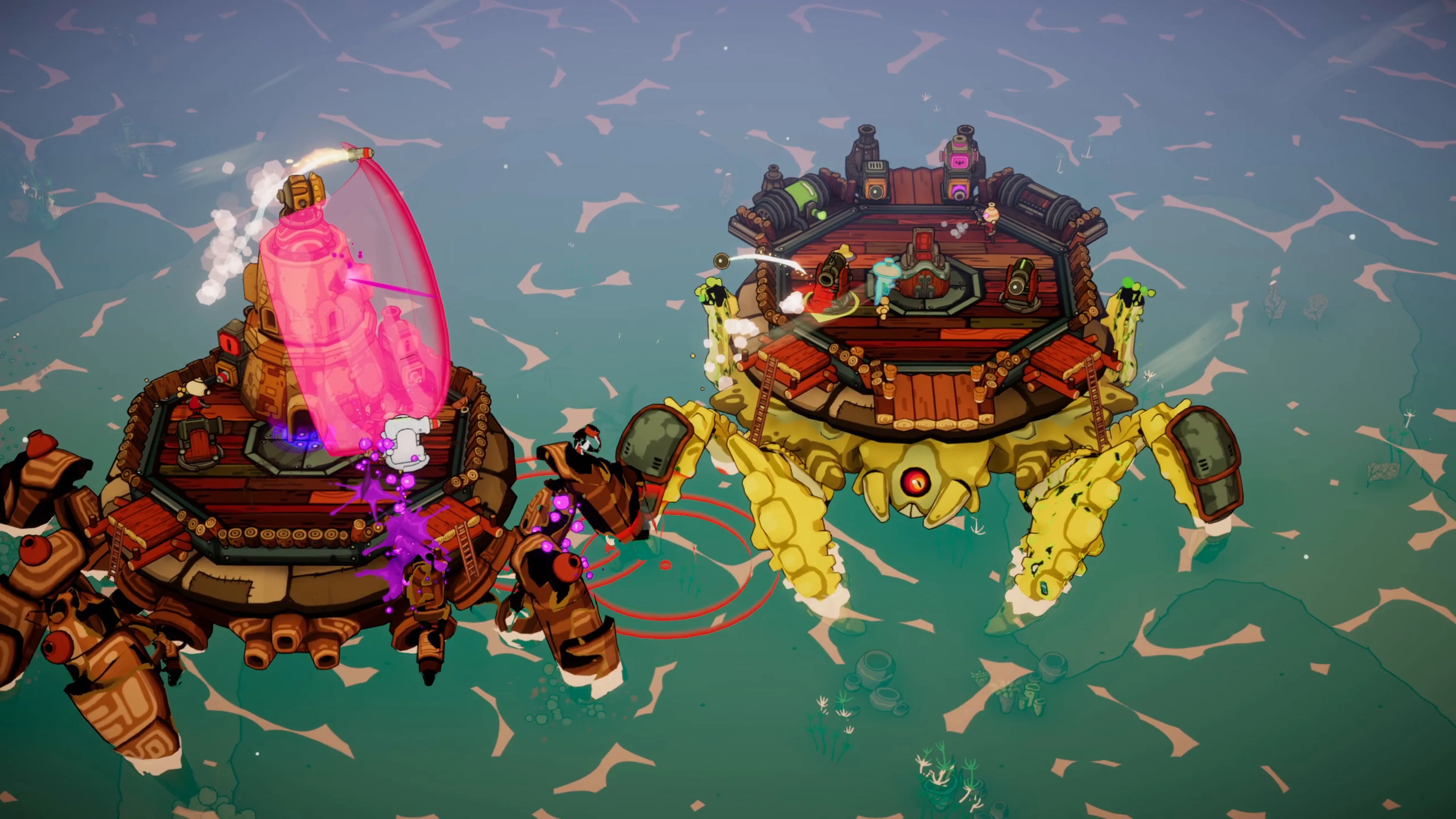 Deux crabes géants équipés de canons s’affrontent dans DuneCrawl.