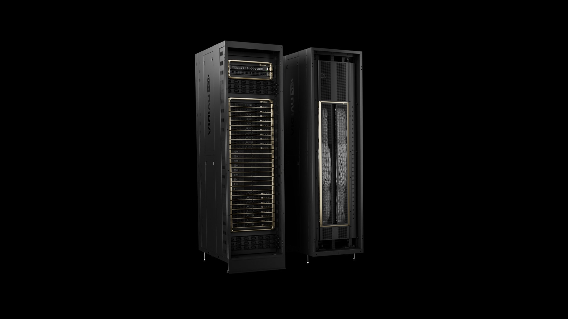 Représentation matérielle NVIDIA de racks Grace Blackwell NVL72, illustration de l’architecture sans identification de l’installation d’OpenAI