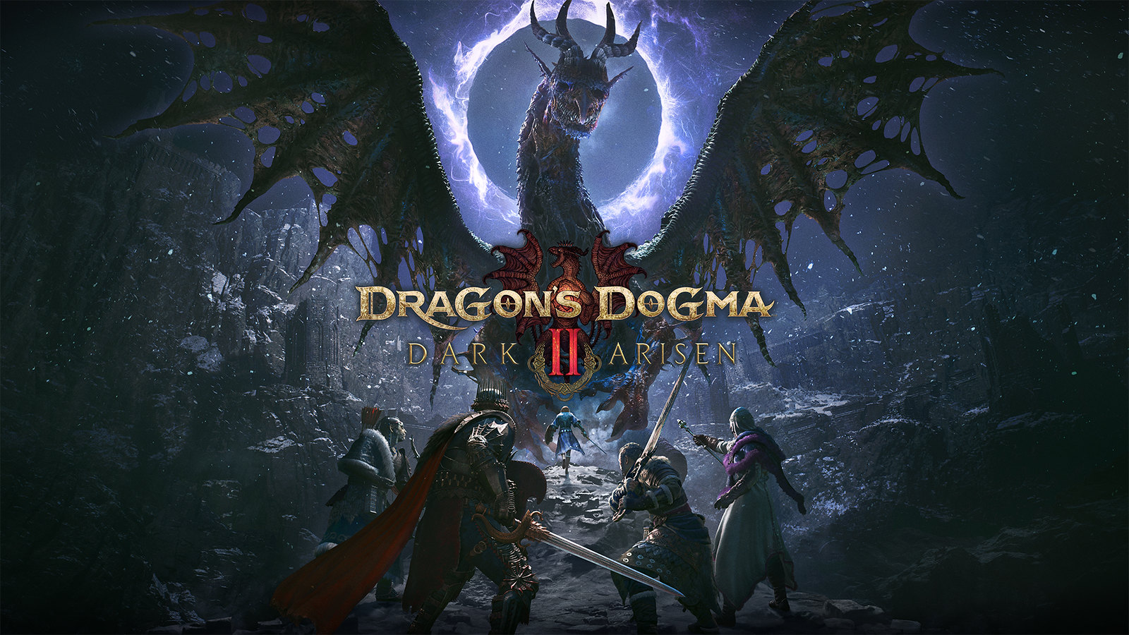 Visuel officiel de Dragon’s Dogma 2: Dark Arisen, avec le dragon et le logo au centre.