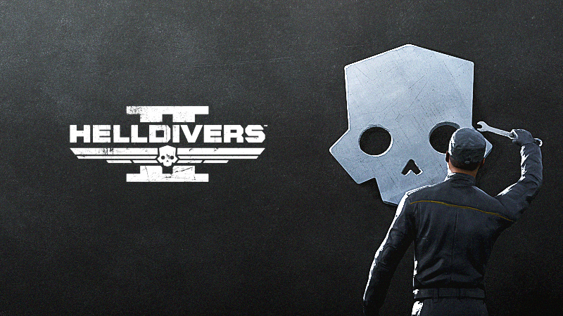Visuel du correctif Helldivers 2 : un technicien intervient sur un emblème en forme de crâne.
