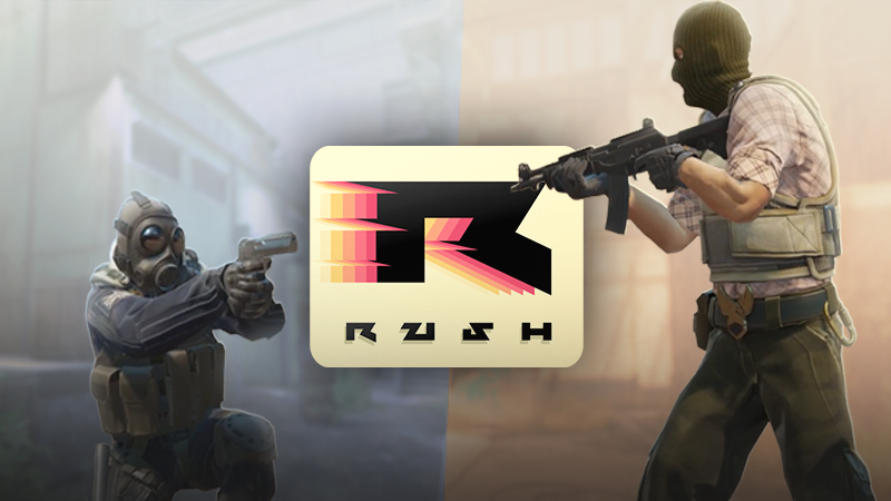 Deux personnages de Counter-Strike 2 entourent le logo du mode Rush.
