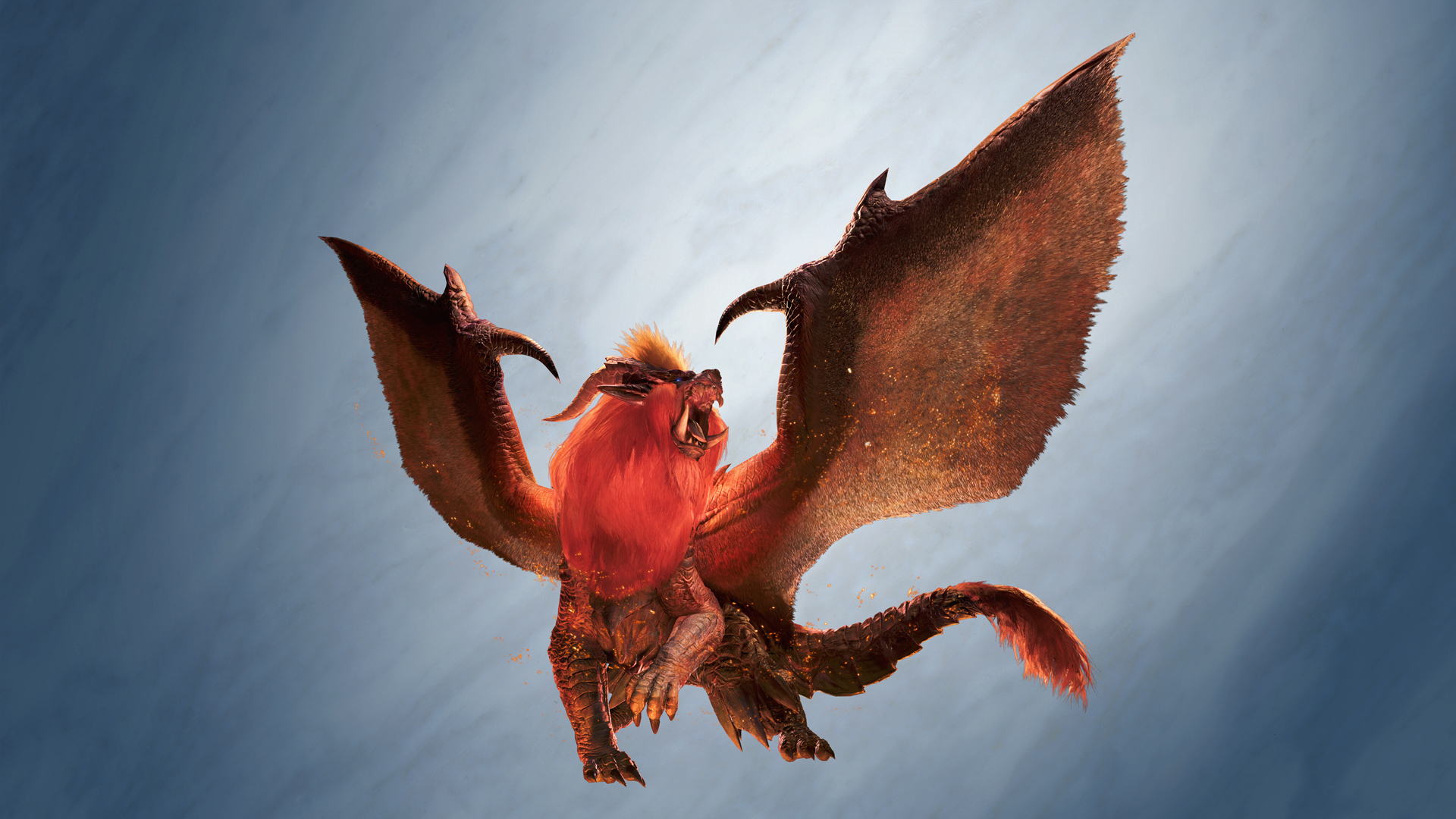 Teostra, dragon ancien à crinière rouge et grandes ailes déployées, dans une illustration officielle d’Ascendance.