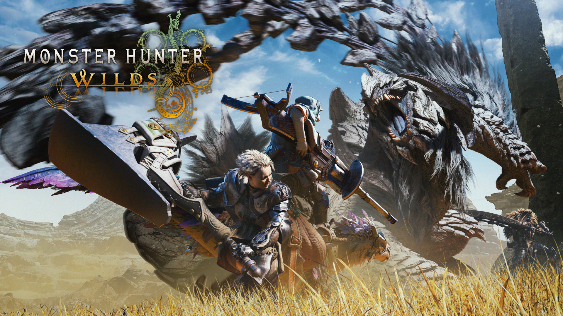 Visuel officiel de Monster Hunter Wilds montrant un chasseur face à un grand monstre, avec le logo du jeu.