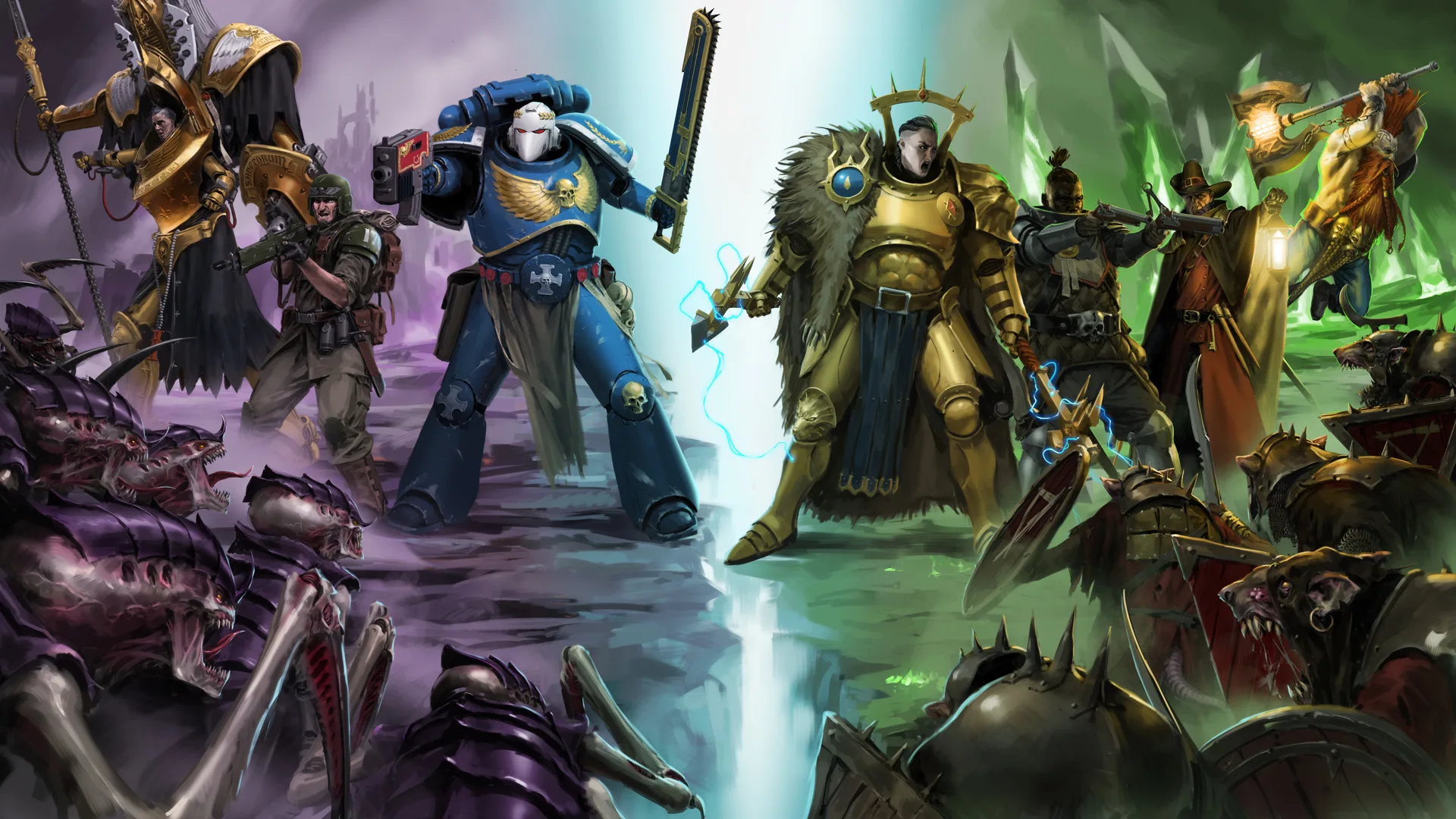 Illustration officielle de Warhammer Survivors réunissant des champions de Warhammer 40,000 et Age of Sigmar.