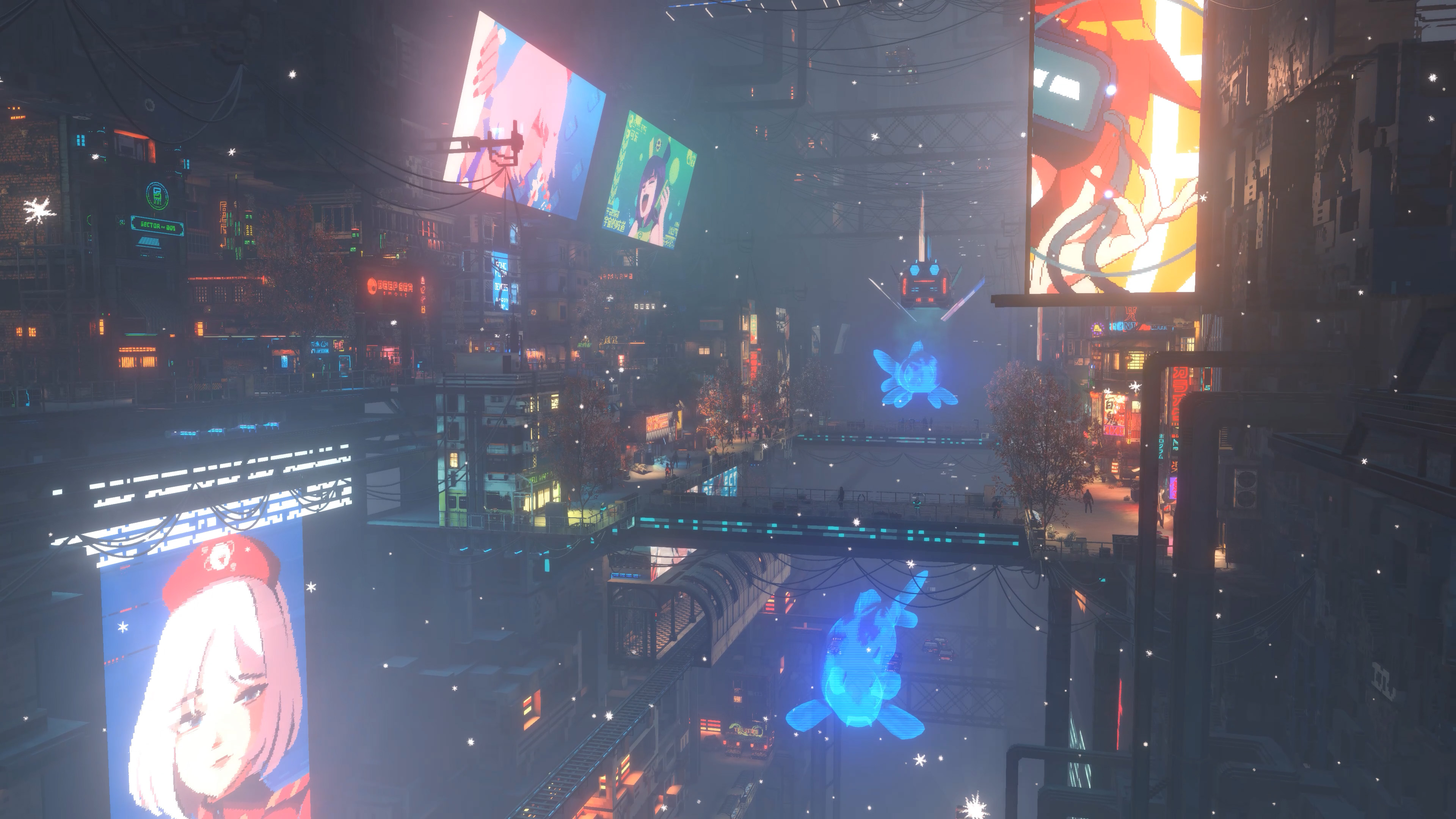 Vue verticale de la ville de Nivalis Nights, avec passerelles et enseignes lumineuses