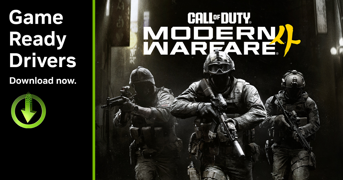 Visuel officiel NVIDIA Game Ready Drivers avec trois soldats de Call of Duty: Modern Warfare 4.