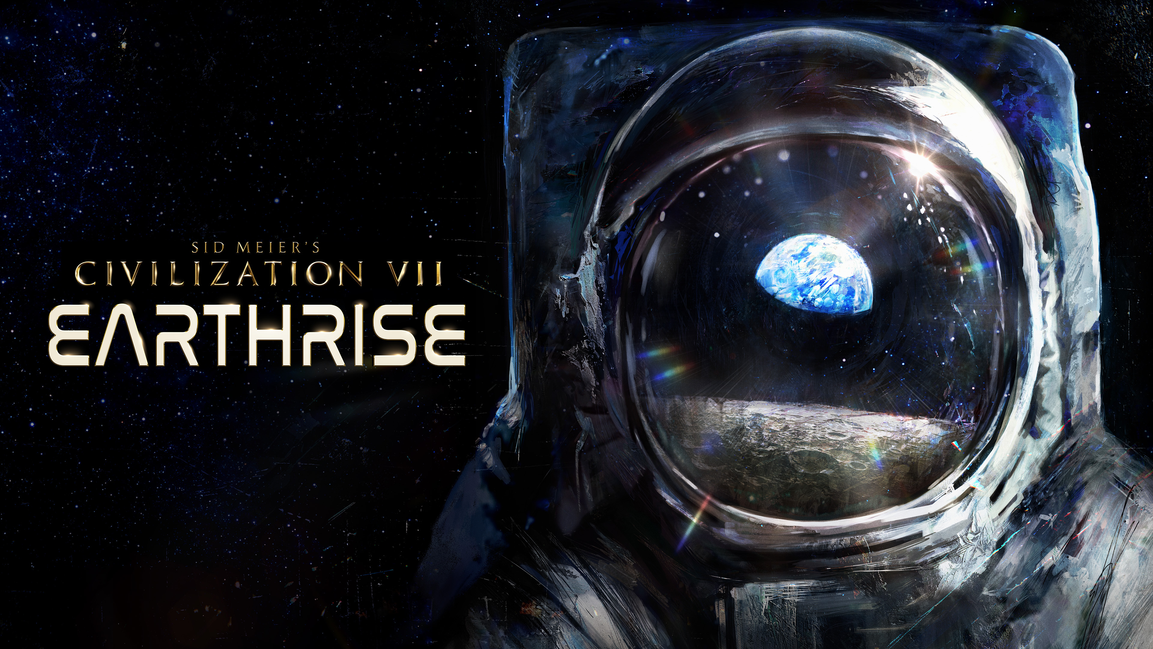 Visuel de Civilization VII Earthrise montrant un casque d’astronaute dont la visière reflète la Terre et un sol lunaire.