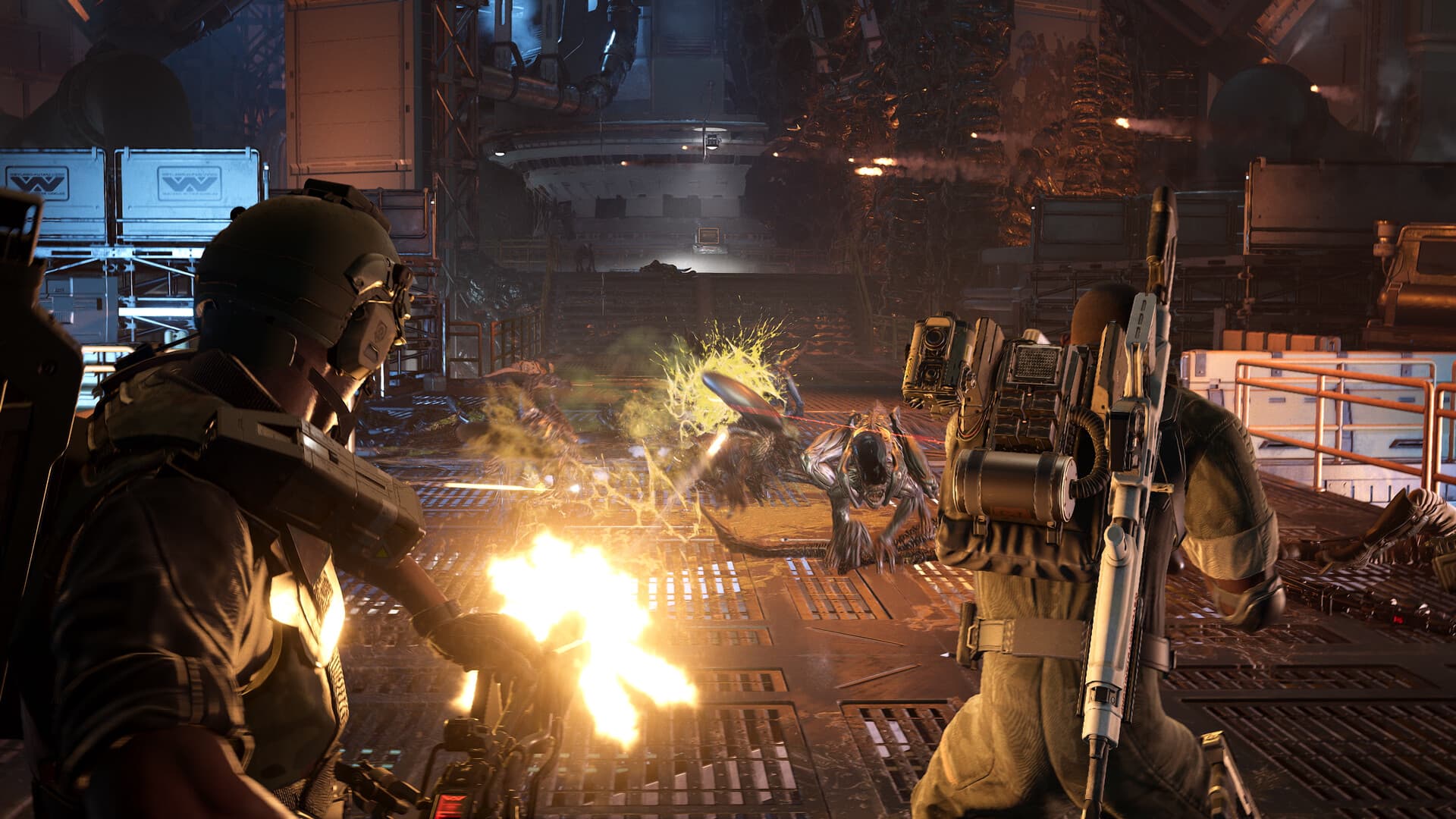 Capture officielle d’Aliens: Fireteam Elite 2 montrant trois Marines coloniaux face à des xénomorphes.