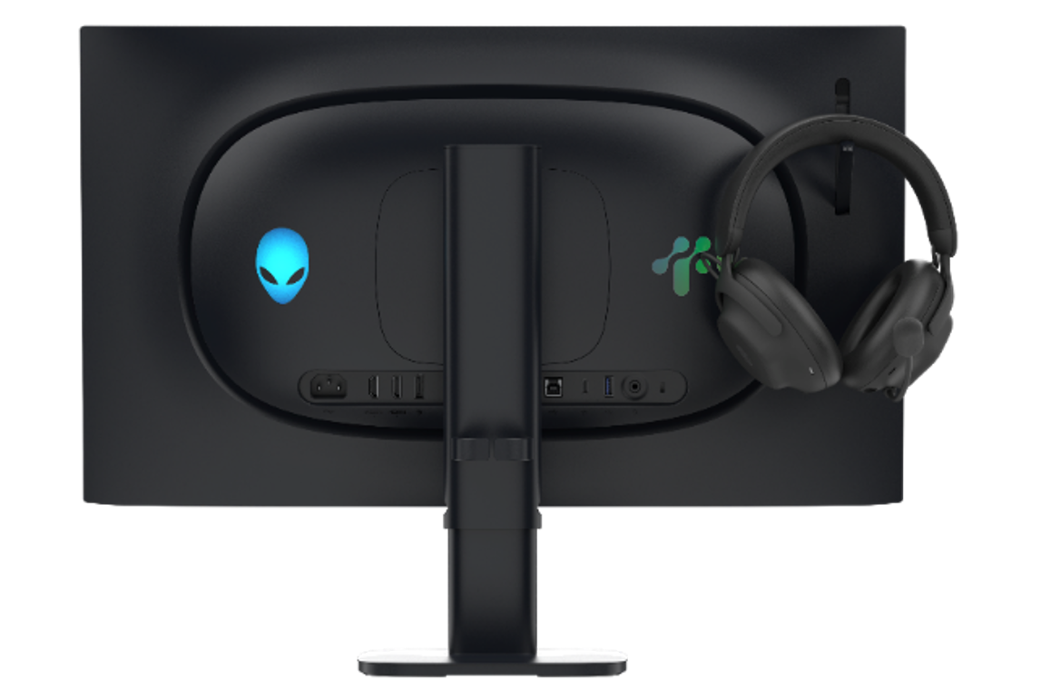 Vue arrière de l’Alienware AW2527HX avec son crochet de casque déployé.