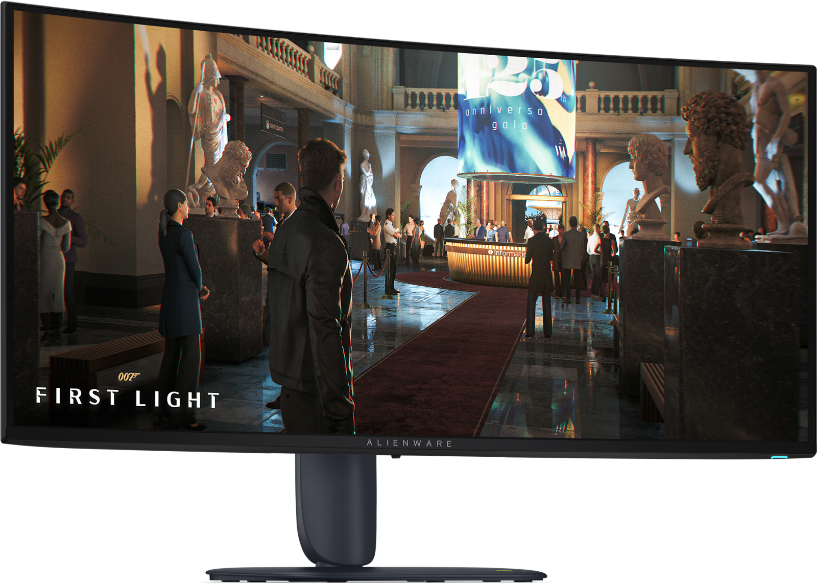 Vue officielle de trois quarts de l’écran gaming Alienware AW3426DW et de son pied.