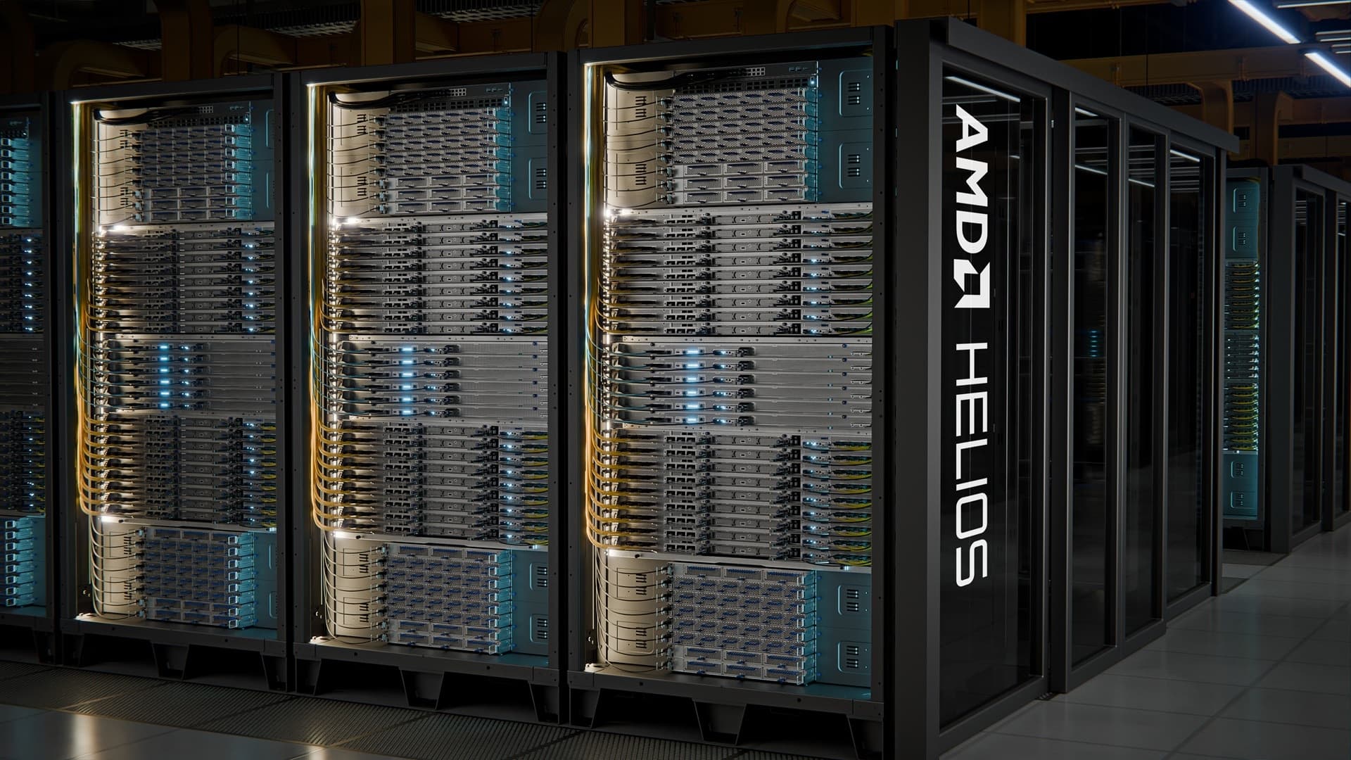 Vue officielle du système rack AMD Helios présenté à Advancing AI 2026.
