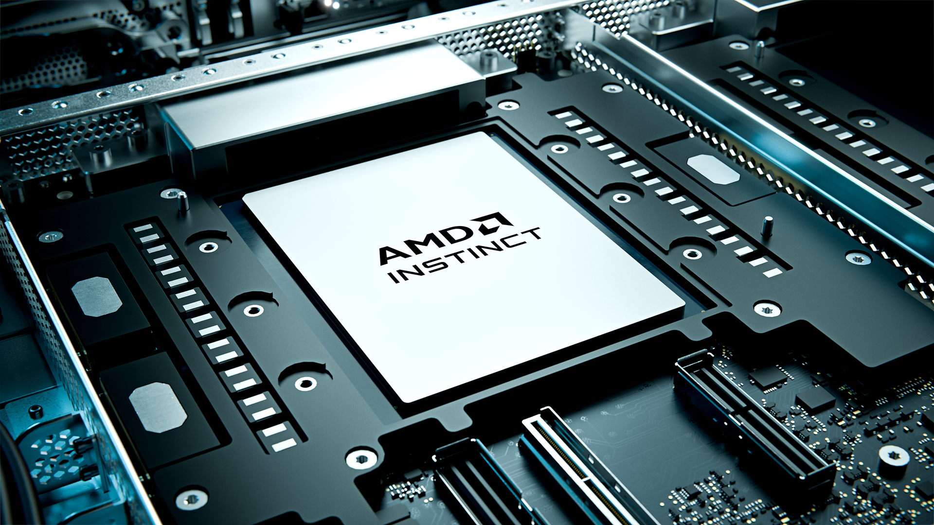 Rendu officiel d’un accélérateur AMD Instinct MI455X installé sur une carte serveur.
