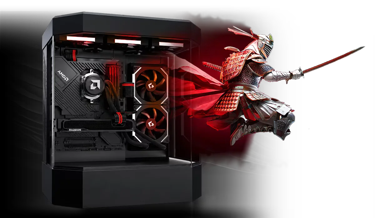 Ordinateur gaming et produits AMD Radeon RX 9000 et Ryzen sur un visuel officiel AMD.