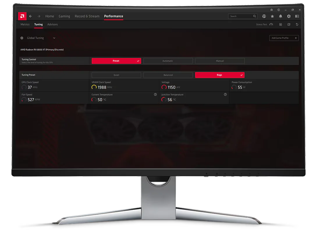Interface officielle AMD Software Adrenalin Edition consacrée aux réglages de performances.